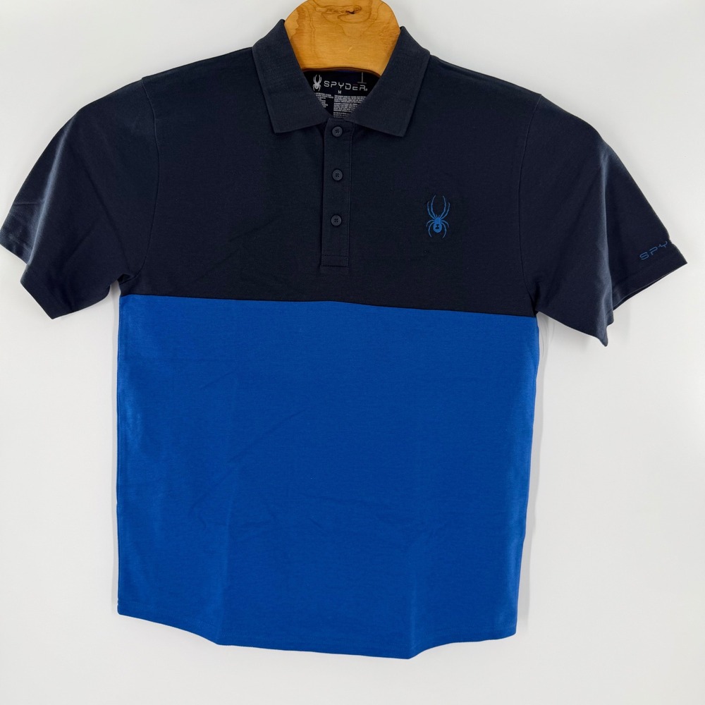 Spyder Mens Short Sleeve Polo Shirt Blue Navy Color Block Logo Size M